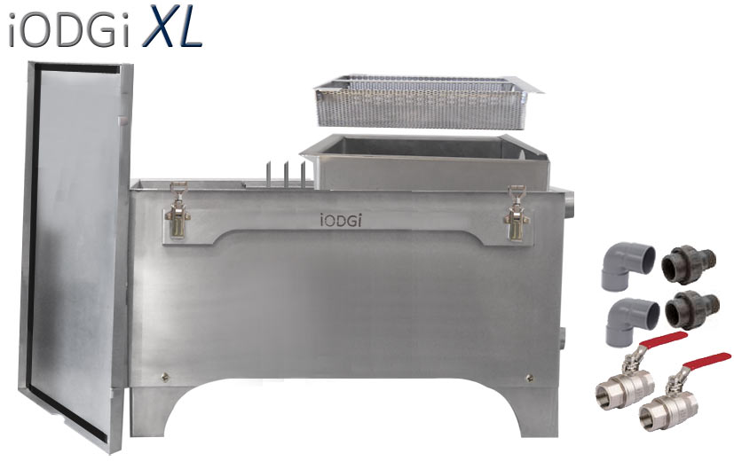 Bac séparateur de graisse 500 couverts iODGi taille XL le plus grand bac inox de notre gamme, veritable alternative au séparateur de graisse enterré