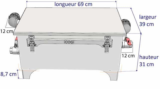 Schéma indiquant les dimensions du bac àgraisse de marque iODGI taille L conçu pour les cuisines de restaurant de 250 couverts par jour 